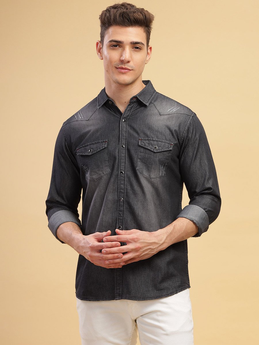 Men Black Faded Denim Shirt with Pocket