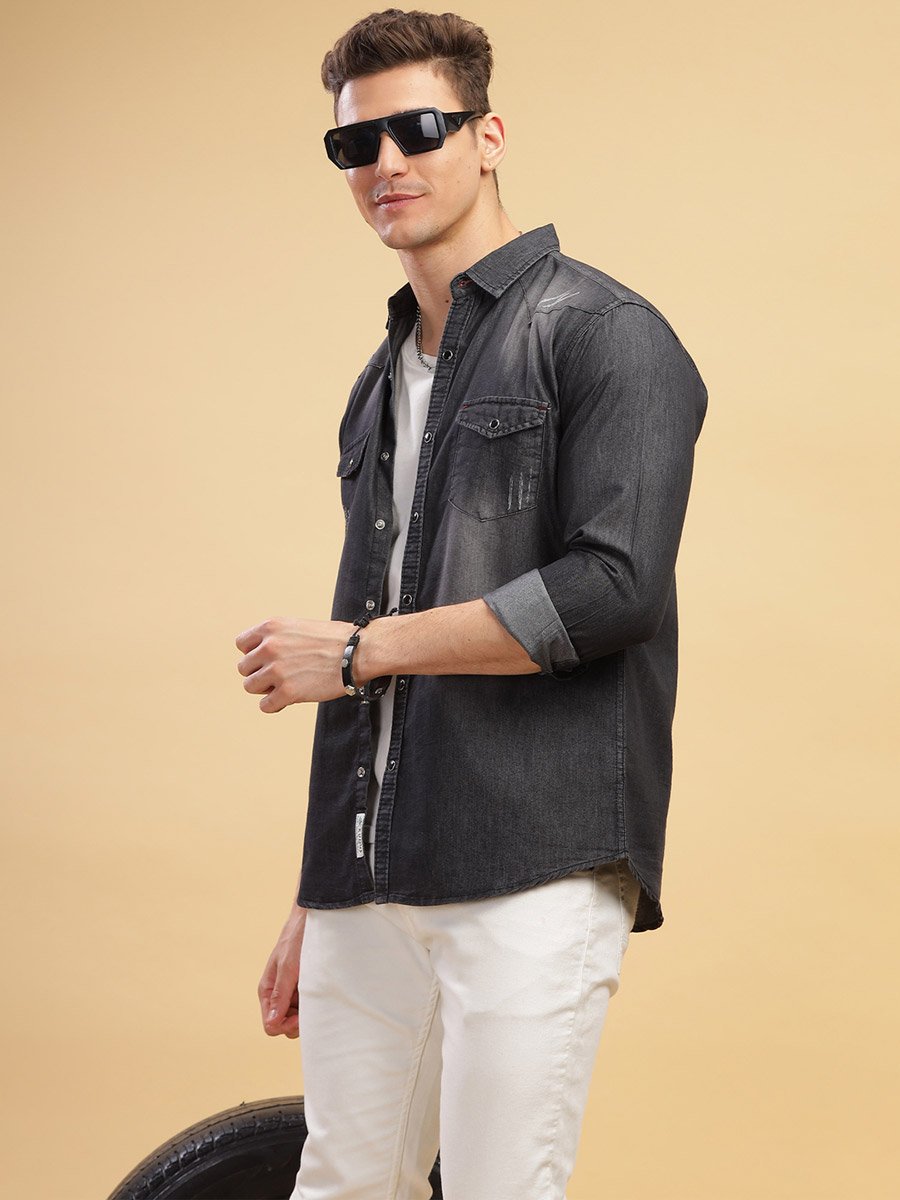 Men Black Faded Denim Shirt with Pocket