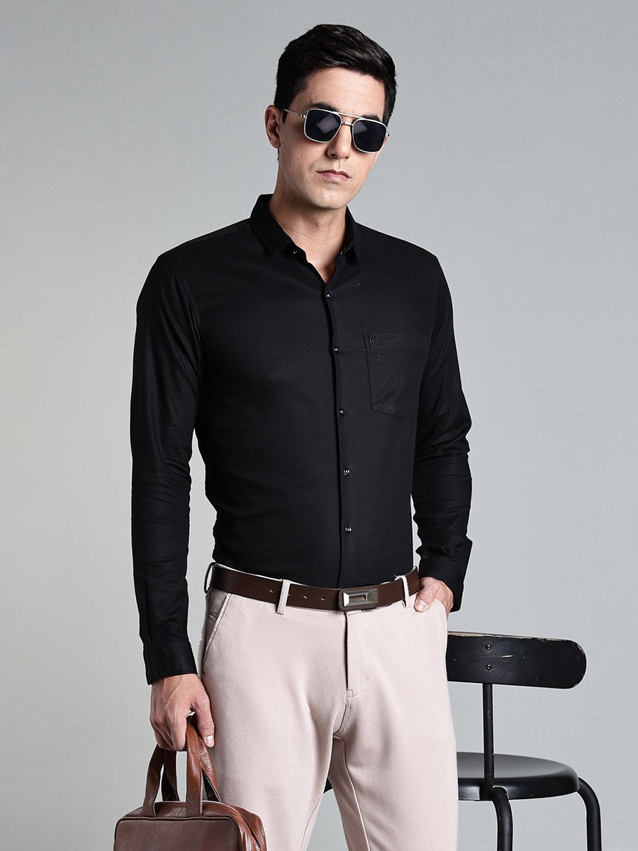 Men Black Plain Cotton Formal Shirt