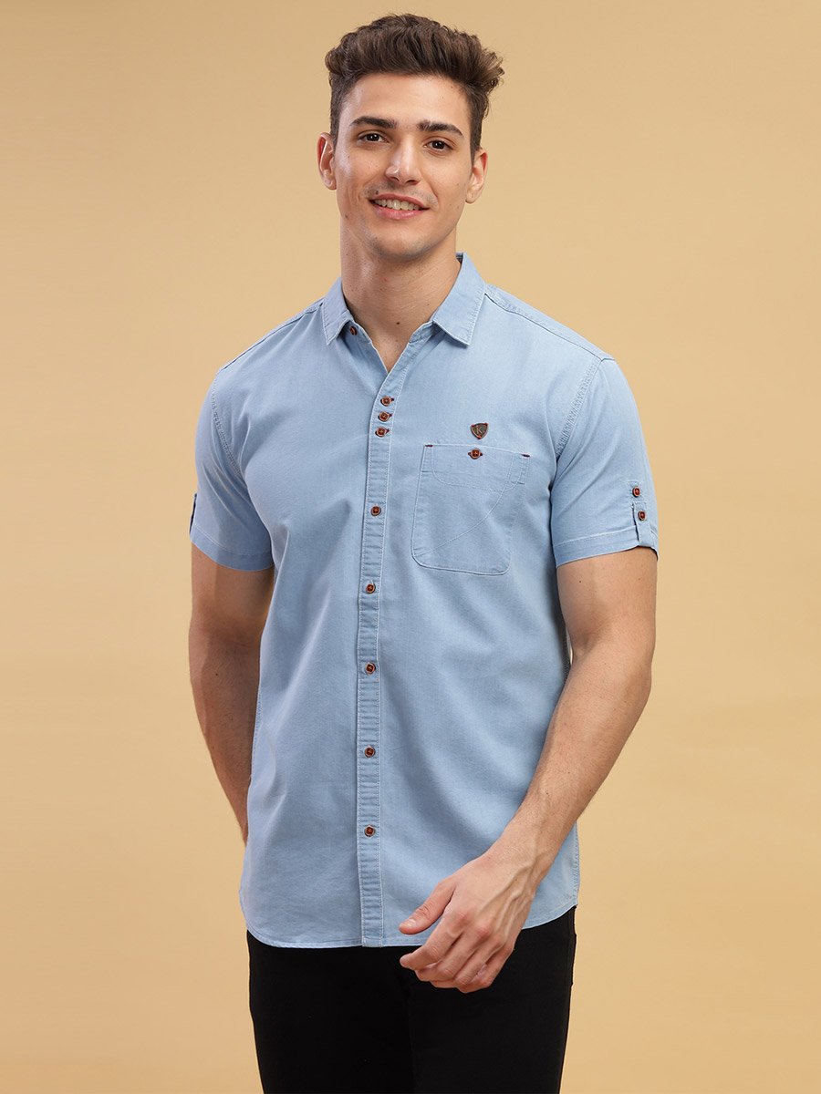 Men Light Blue Denim Short Sleeve Shirt
