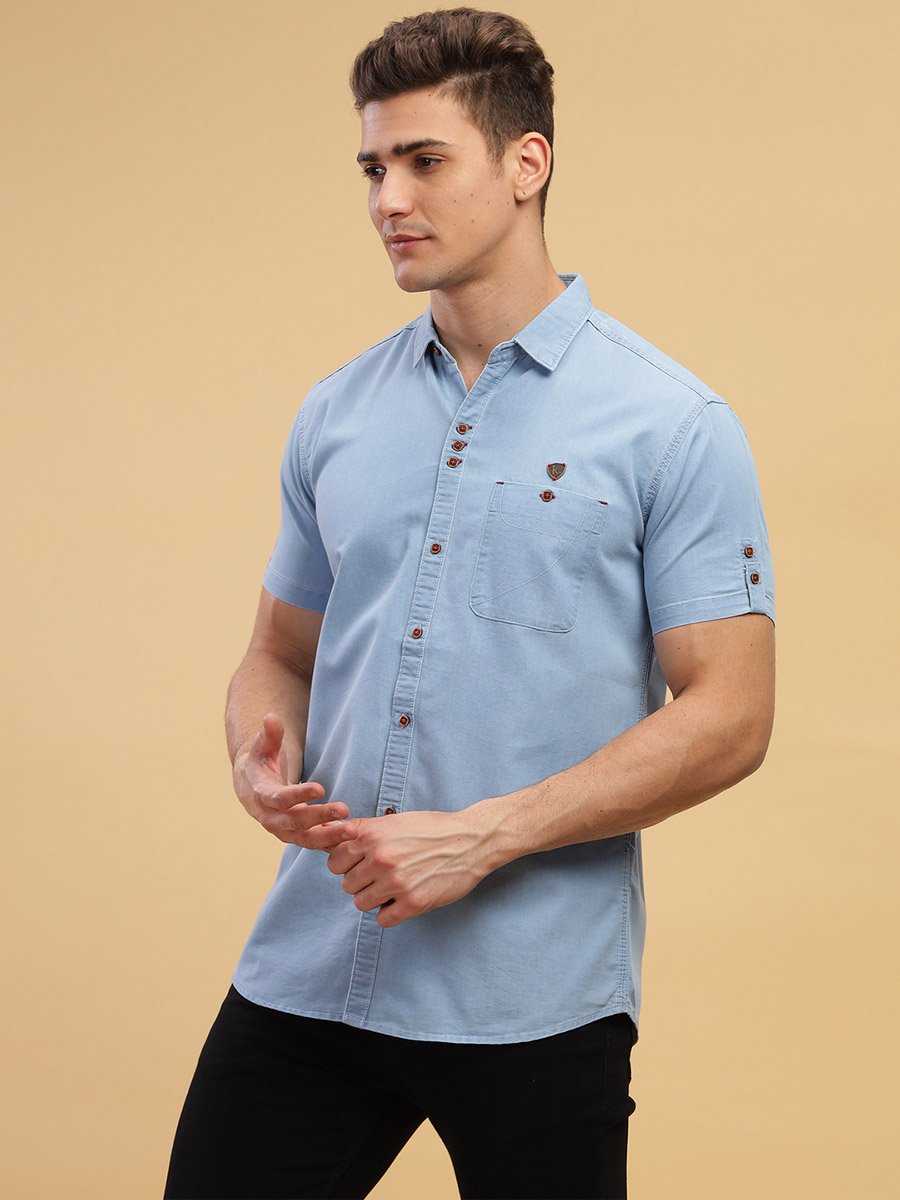 Men Light Blue Denim Short Sleeve Shirt