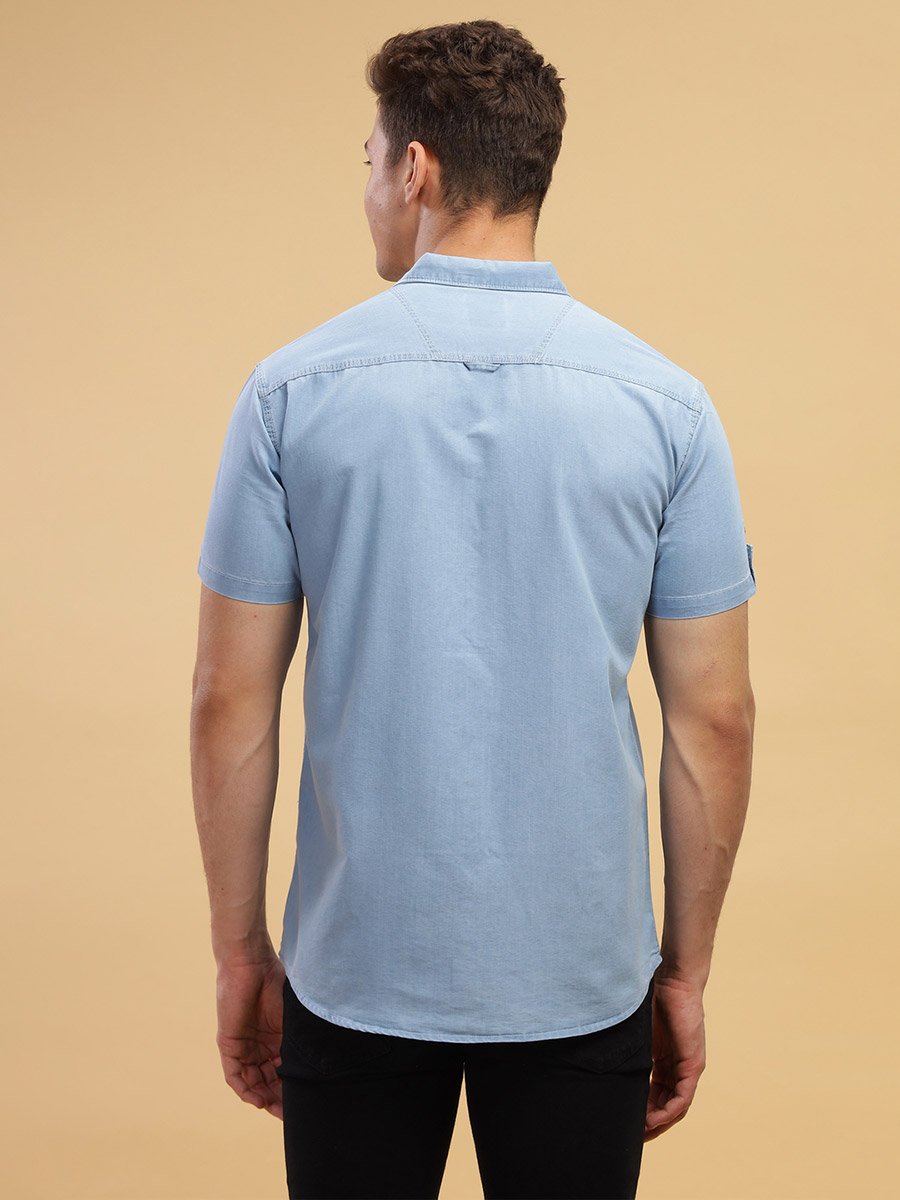 Men Light Blue Denim Short Sleeve Shirt