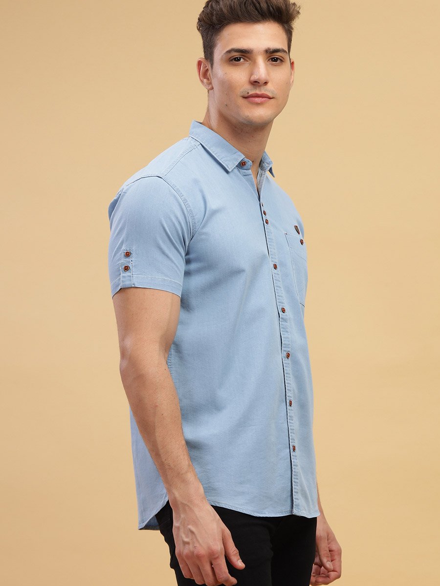 Men Light Blue Denim Short Sleeve Shirt