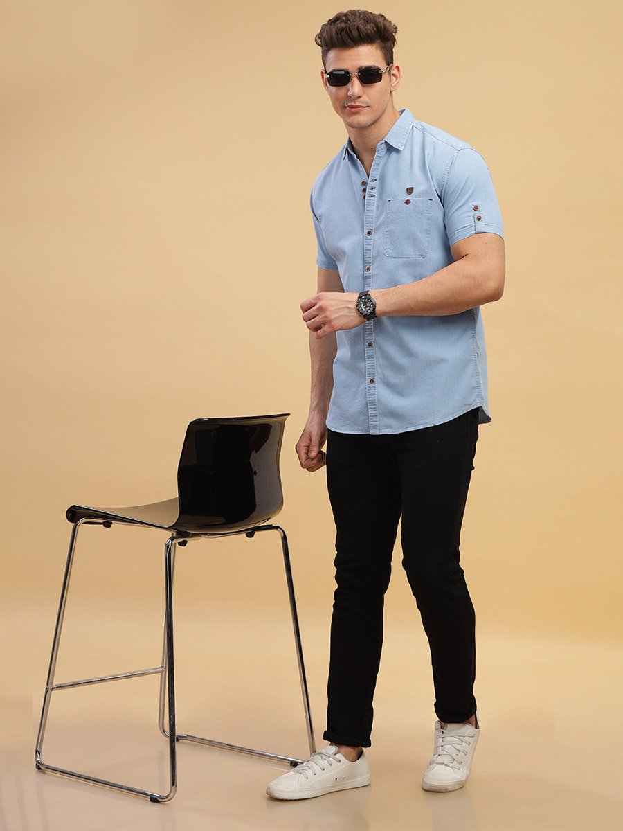 Men Light Blue Denim Short Sleeve Shirt