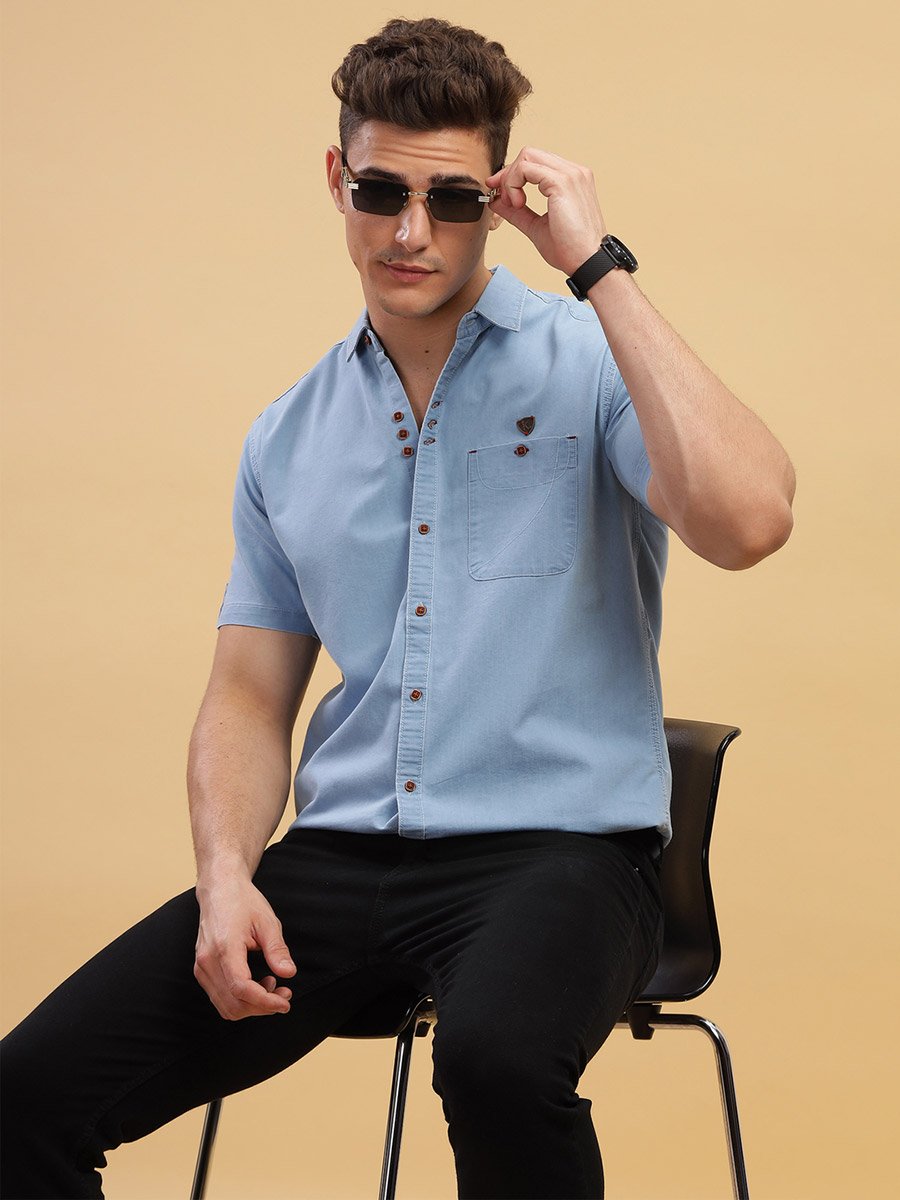 Men Light Blue Denim Short Sleeve Shirt