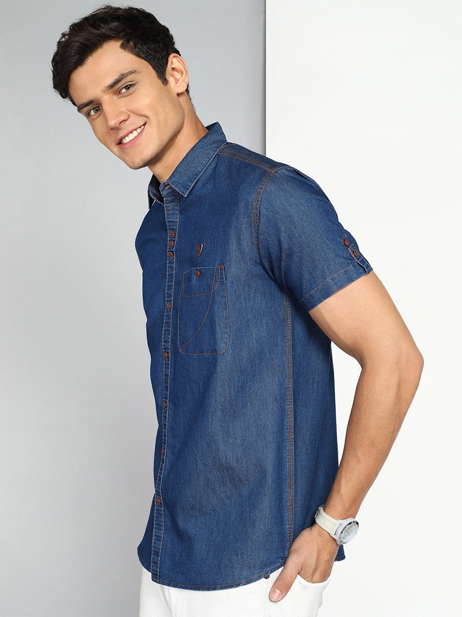 Men Blue Denim Short Sleeve Shirt