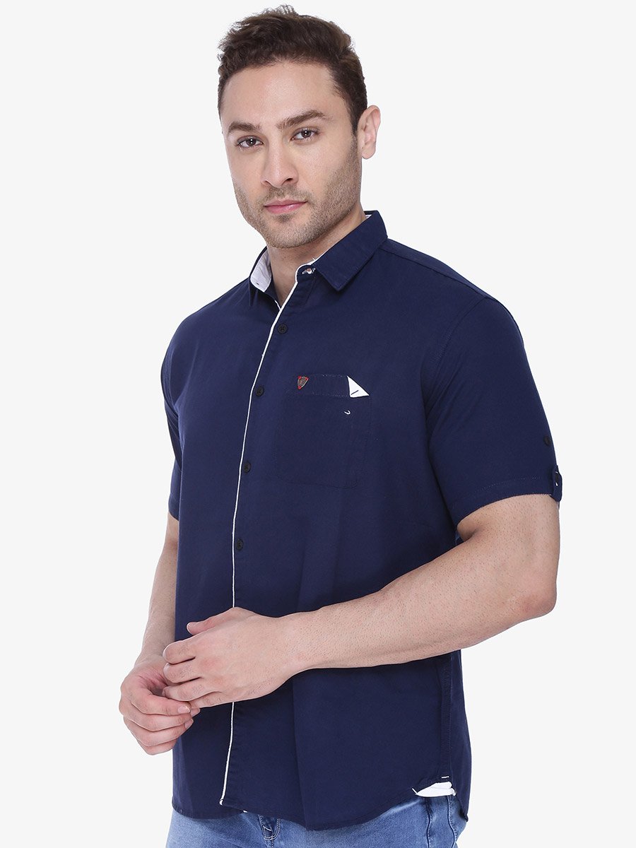 Men Navy Blue Linen Blend Short Sleeve Shirt