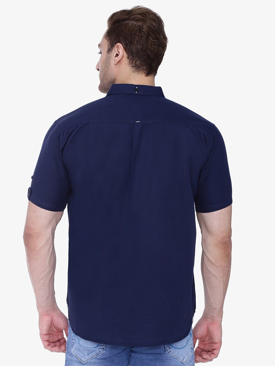 Men Navy Blue Linen Blend Short Sleeve Shirt