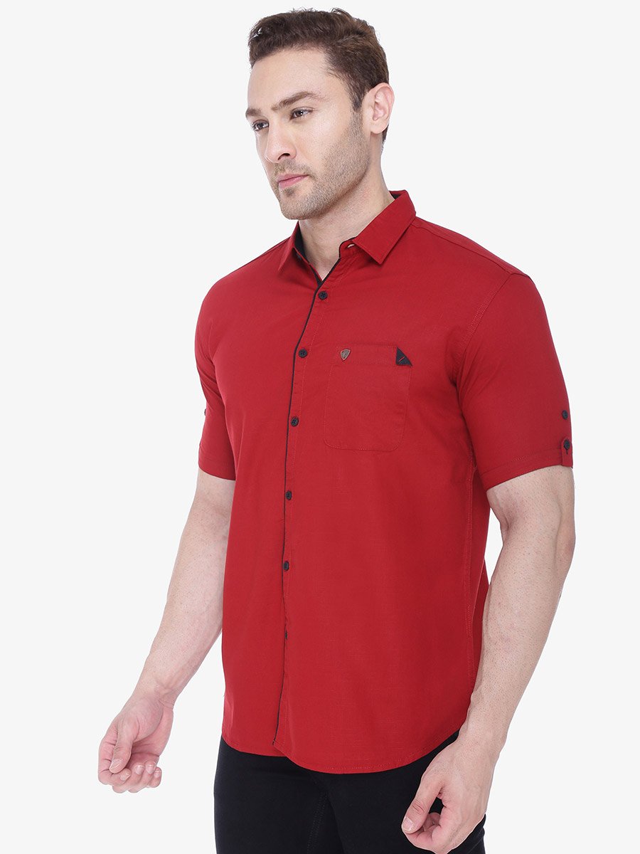 Men Maroon Linen Blend Short Sleeve Shirt