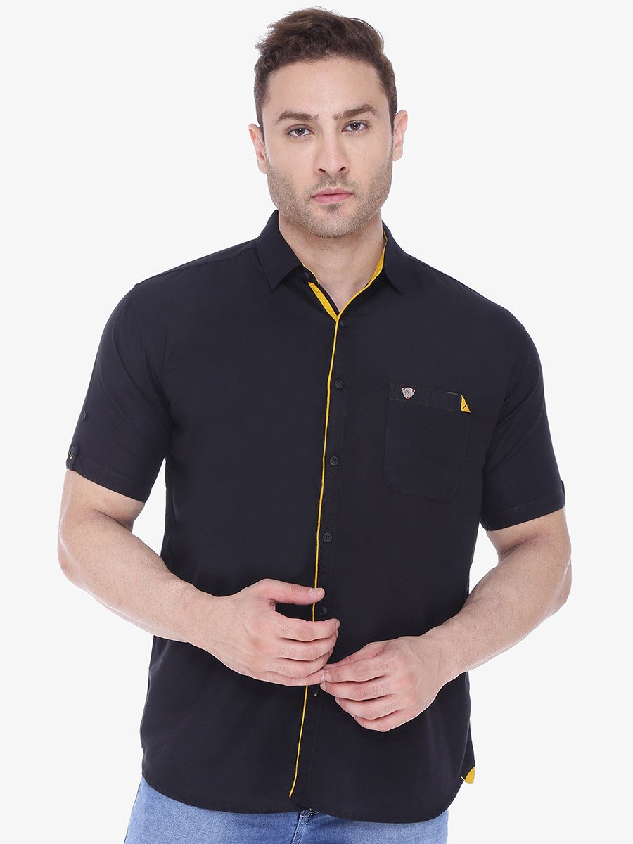 Men Black Linen Blend Short Sleeve Shirt