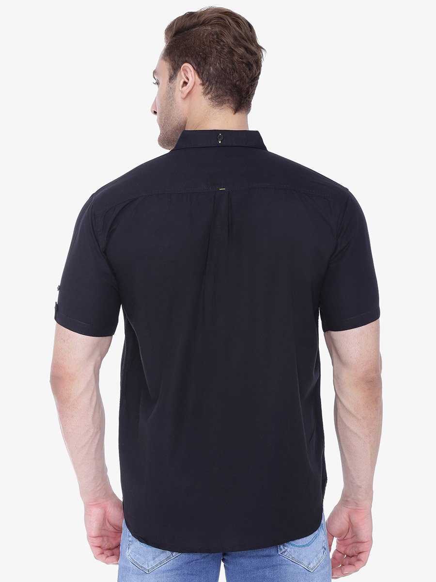 Men Black Linen Blend Short Sleeve Shirt