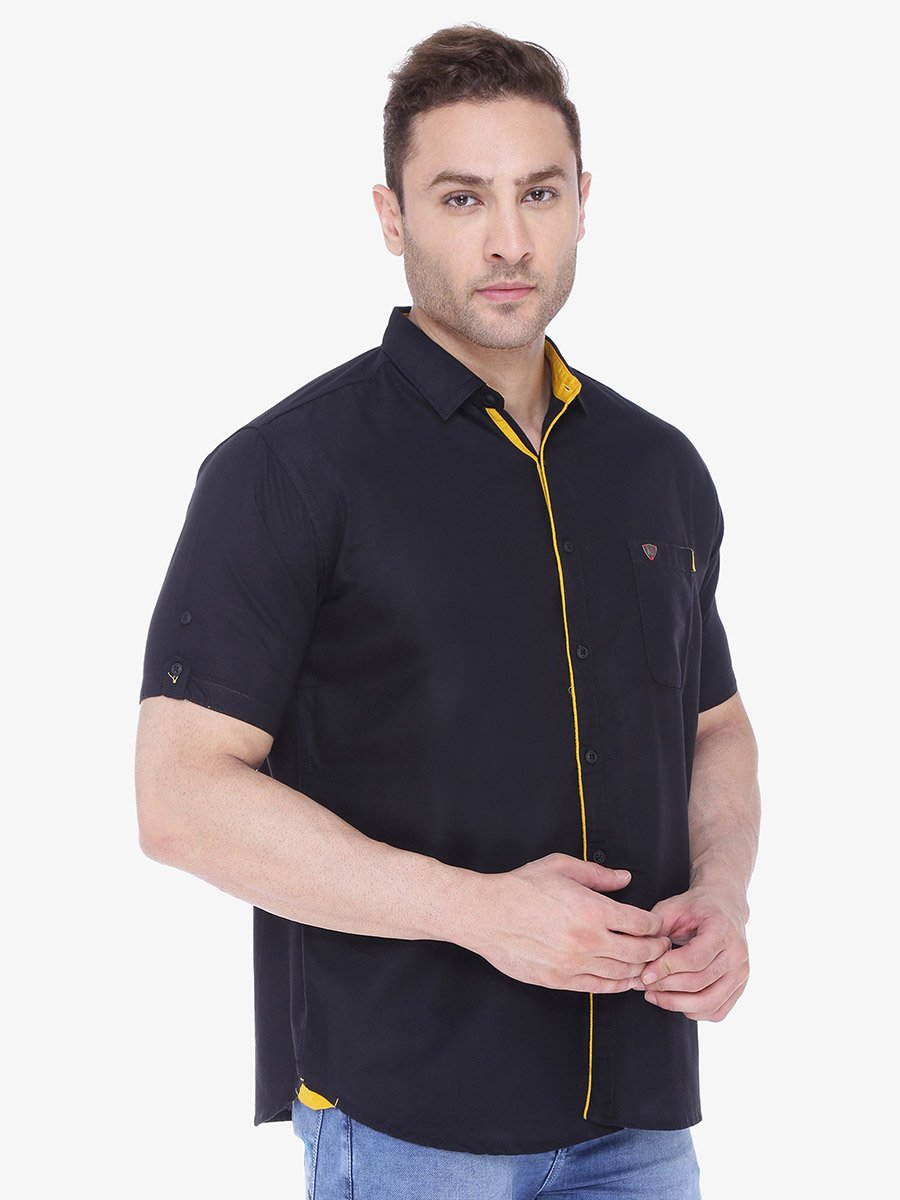 Men Black Linen Blend Short Sleeve Shirt