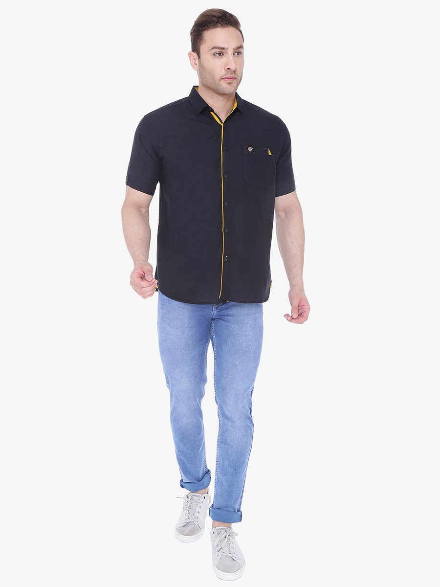 Men Black Linen Blend Short Sleeve Shirt
