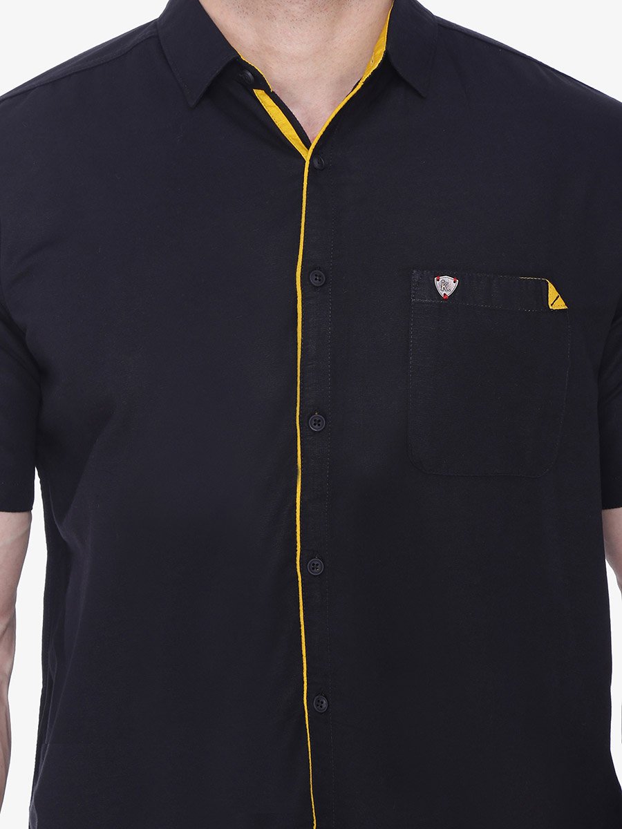 Men Black Linen Blend Short Sleeve Shirt