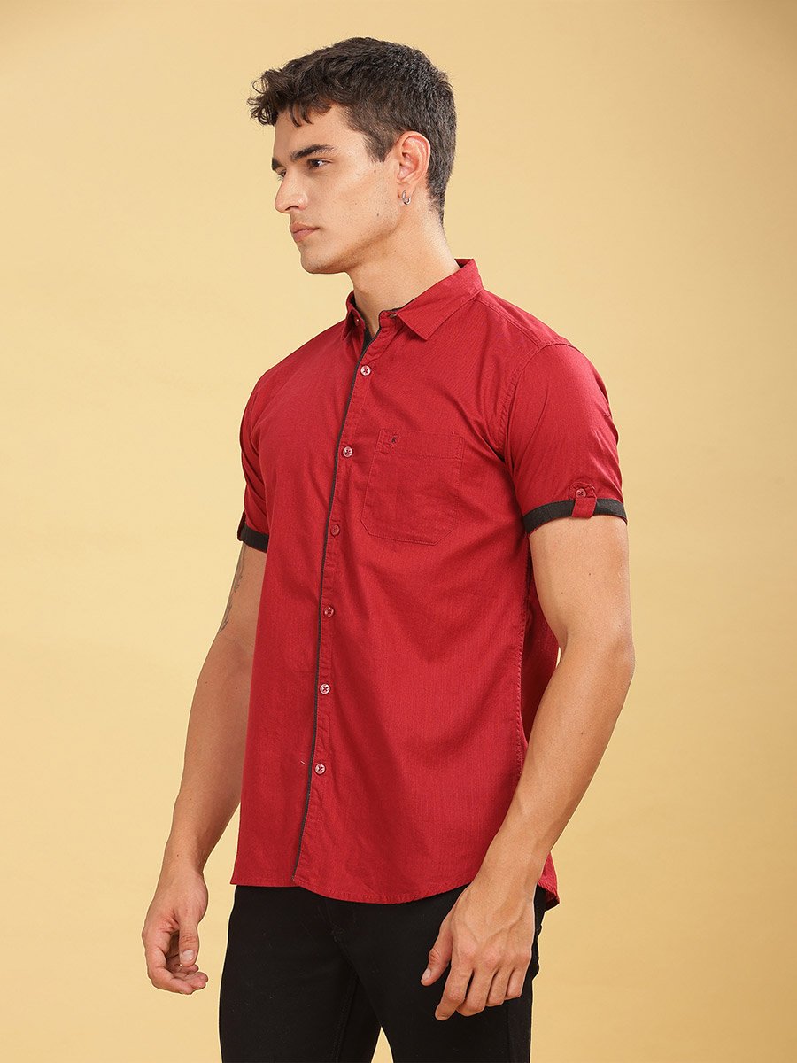 Men Red Linen Blend Short Sleeve Shirt