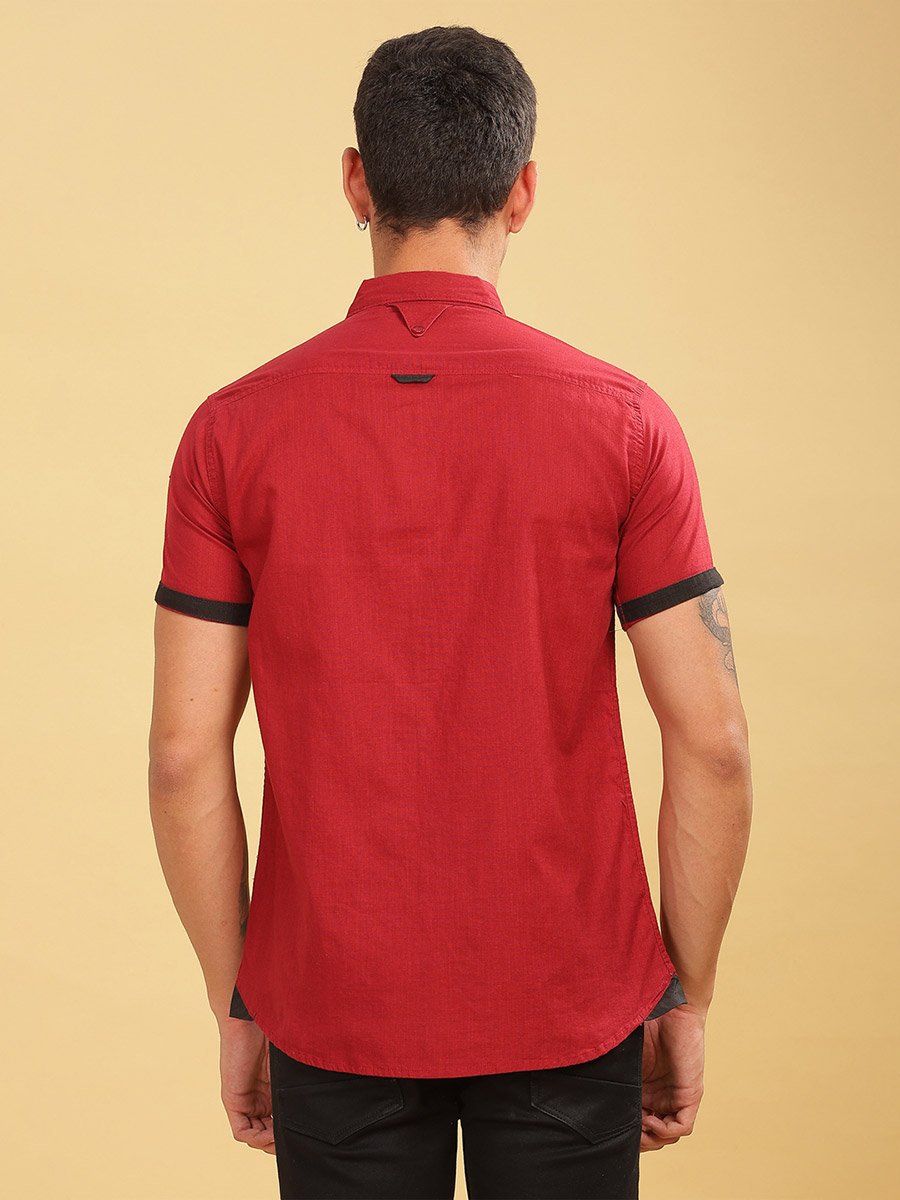 Men Red Linen Blend Short Sleeve Shirt