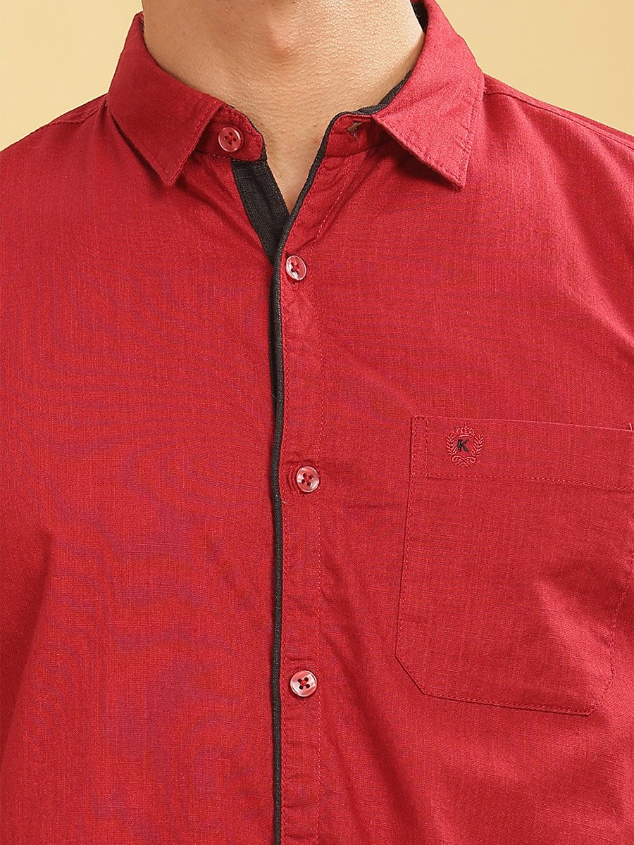 Men Red Linen Blend Short Sleeve Shirt