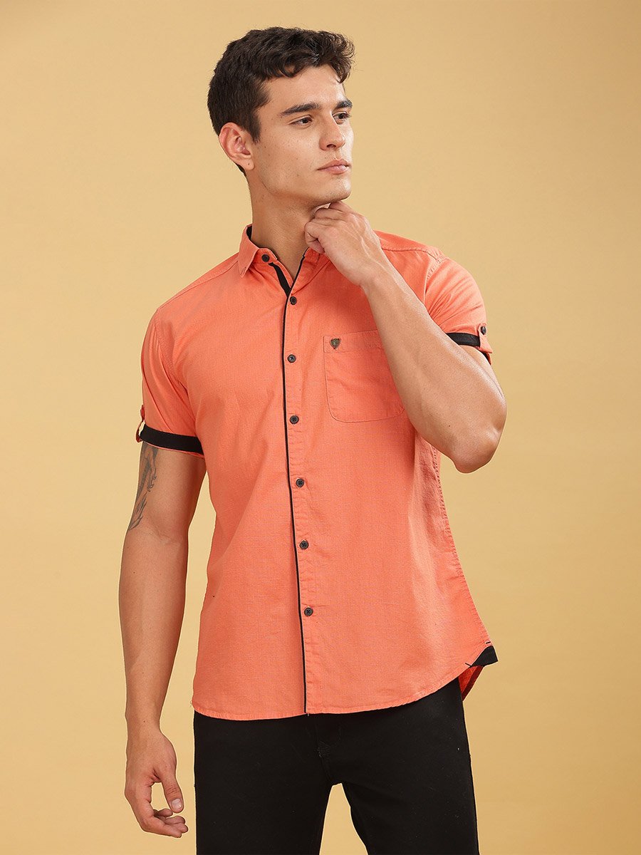 Men Orange Linen Blend Short Sleeve Shirt