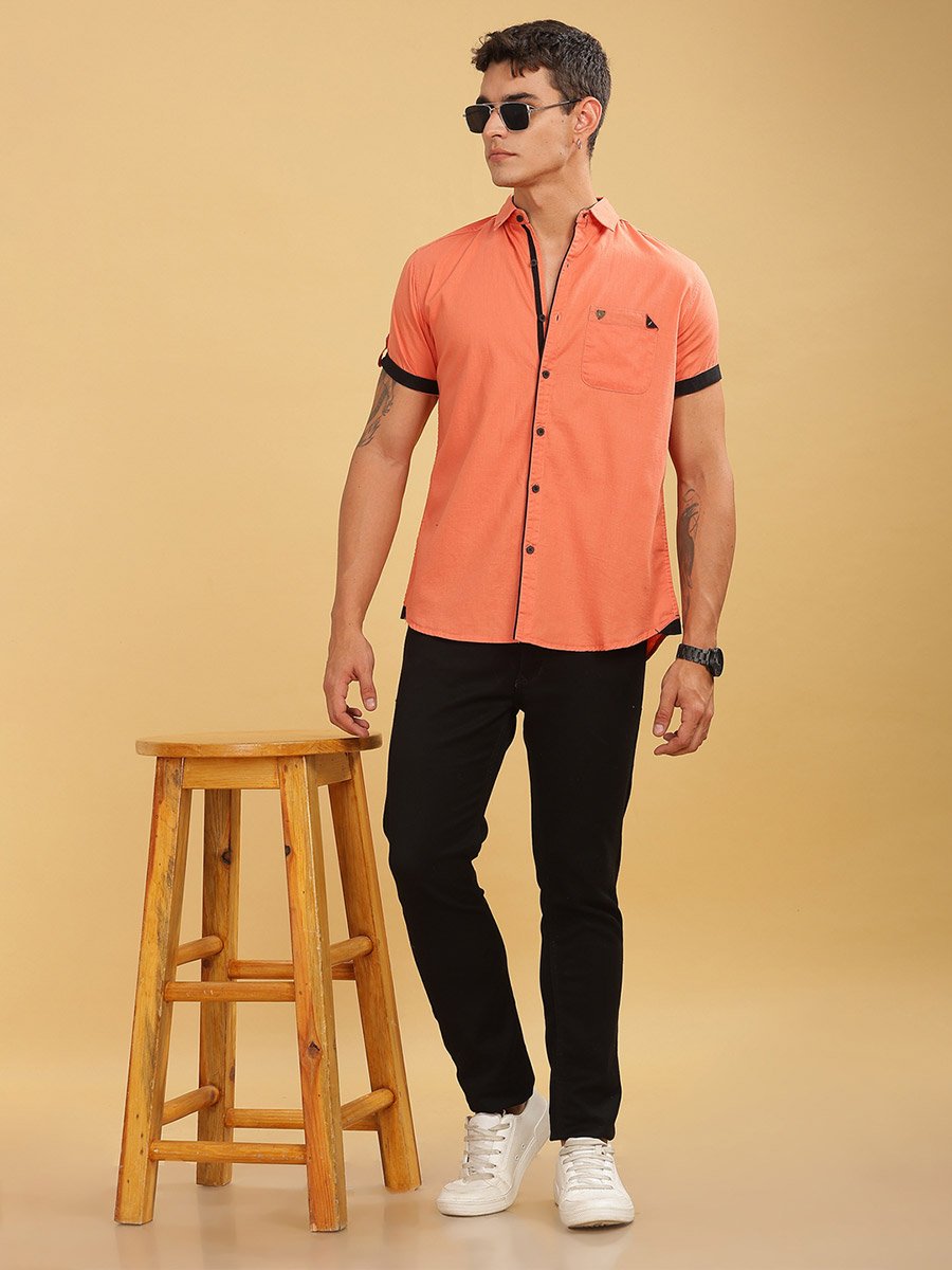 Men Orange Linen Blend Short Sleeve Shirt