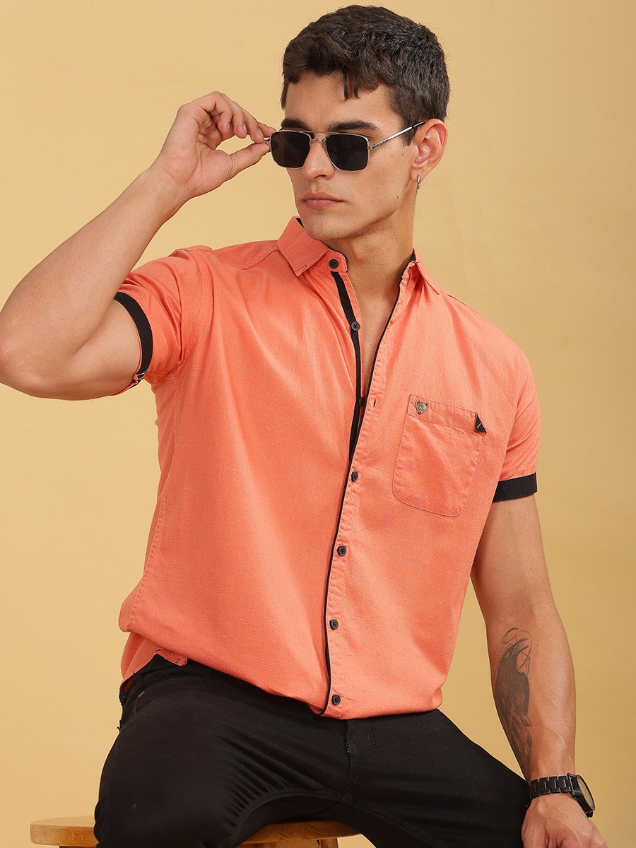 Men Orange Linen Blend Short Sleeve Shirt
