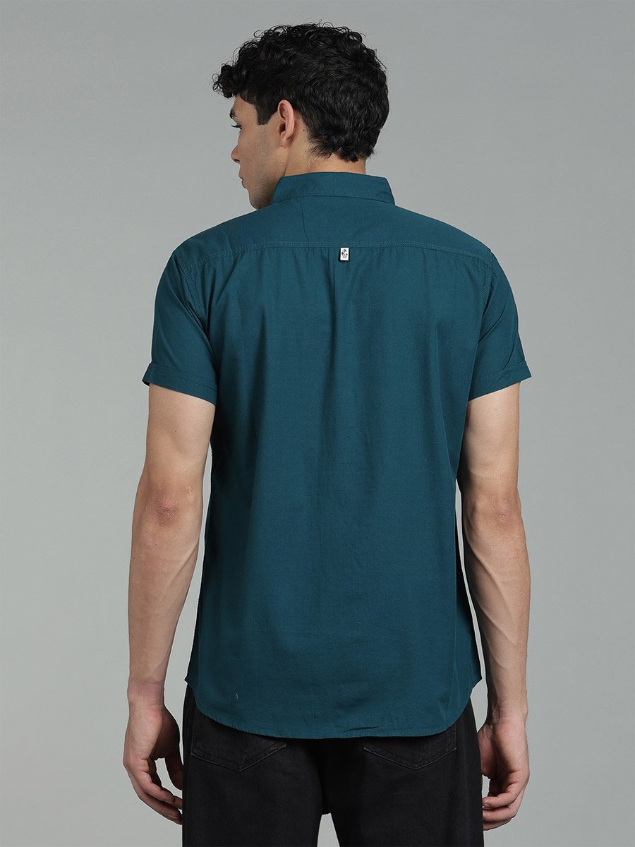Men Green Linen Blend Short Sleeve Shirt