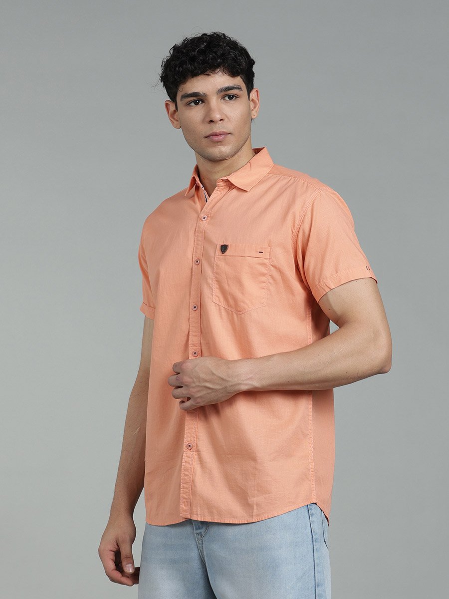 Men Peach Linen Blend Short Sleeve Shirt
