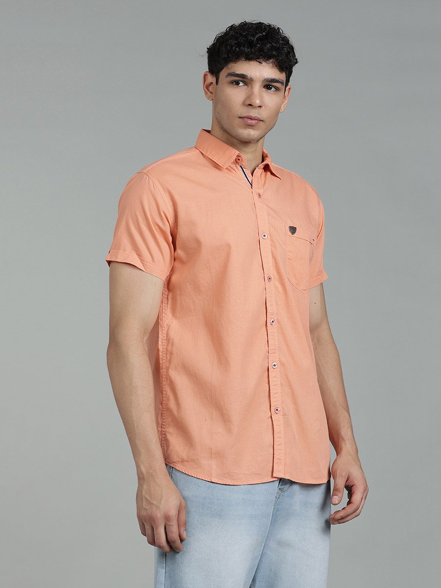 Men Peach Linen Blend Short Sleeve Shirt