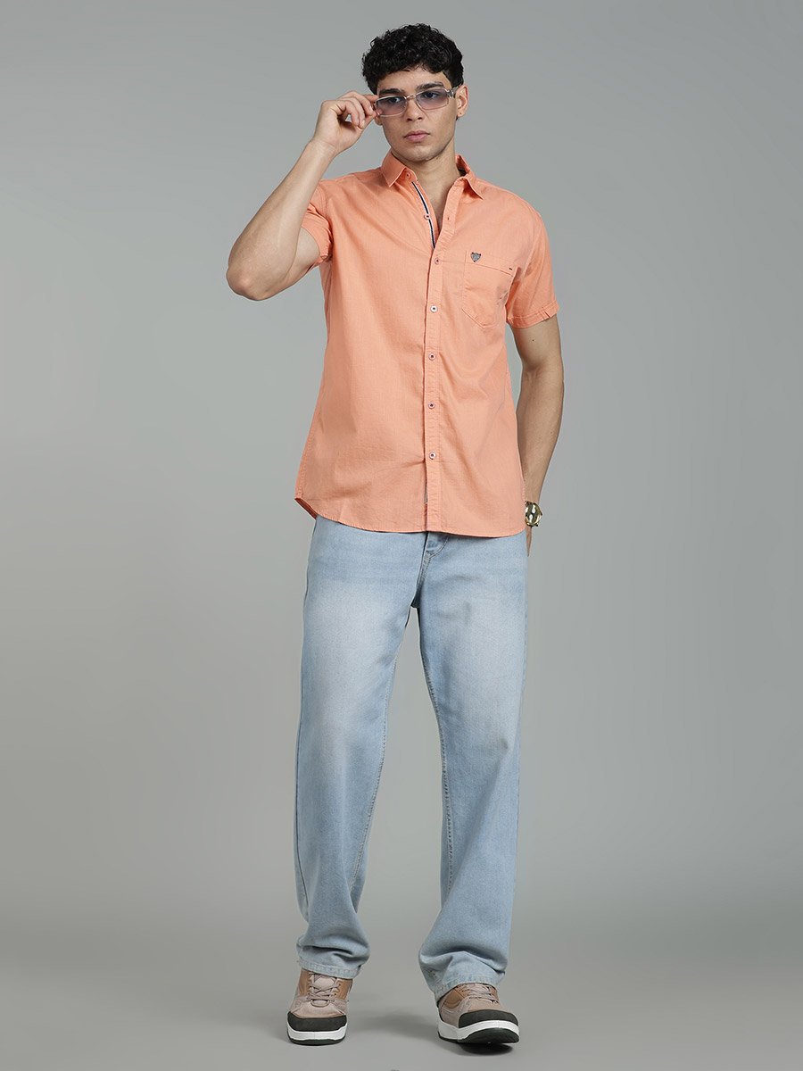 Men Peach Linen Blend Short Sleeve Shirt