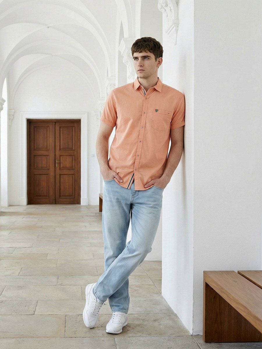 Men Peach Linen Blend Short Sleeve Shirt
