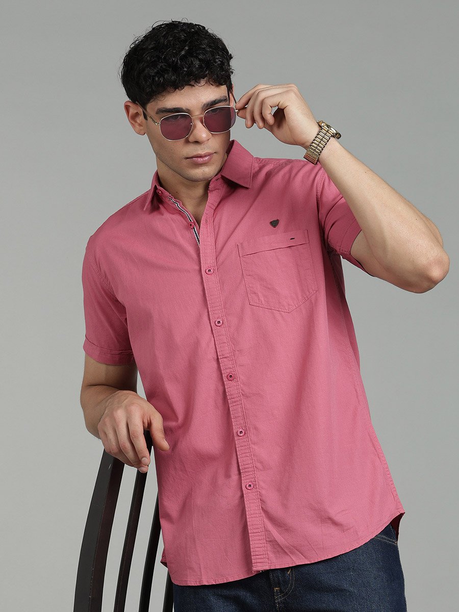 Men Pink Linen Blend Short Sleeve Shirt
