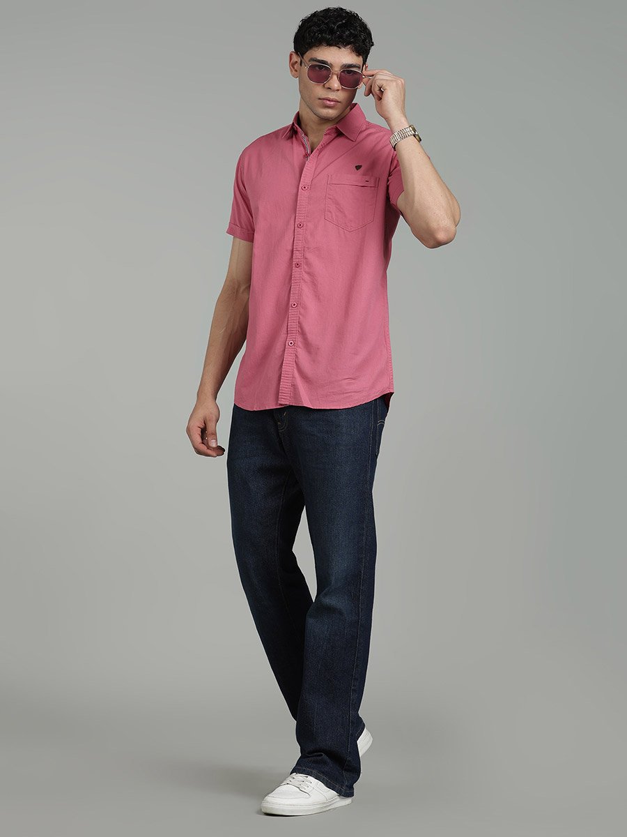Men Pink Linen Blend Short Sleeve Shirt