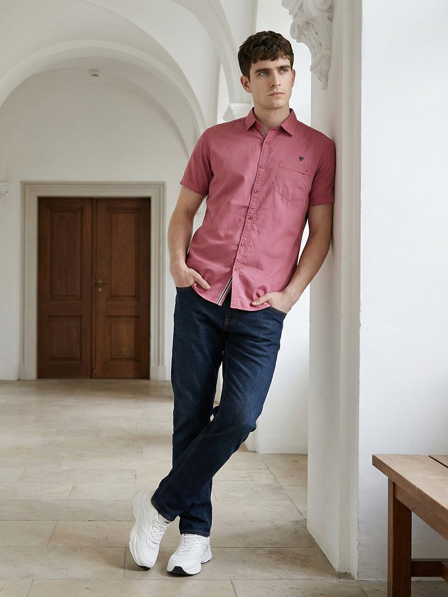 Men Pink Linen Blend Short Sleeve Shirt
