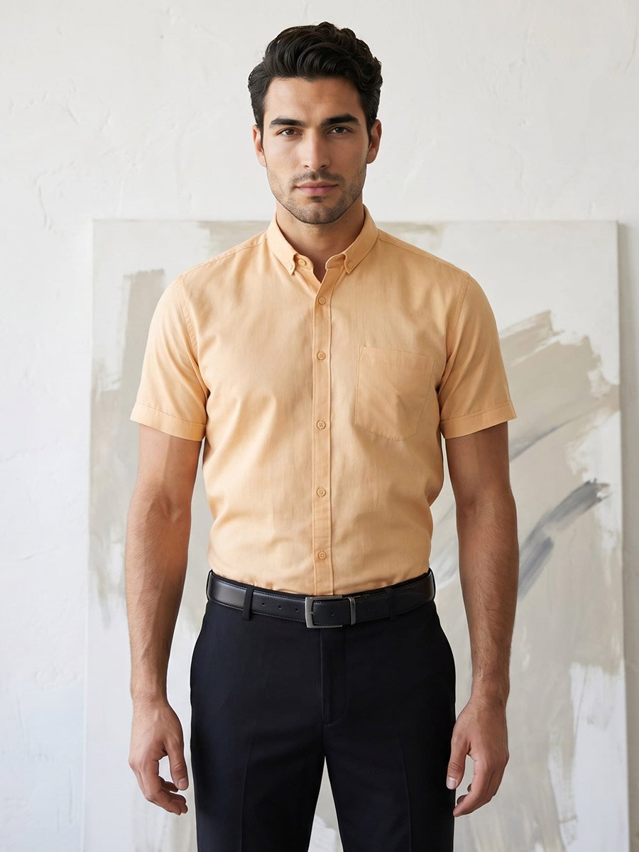 Men Yellow Short Sleeve Oxford Shirt 