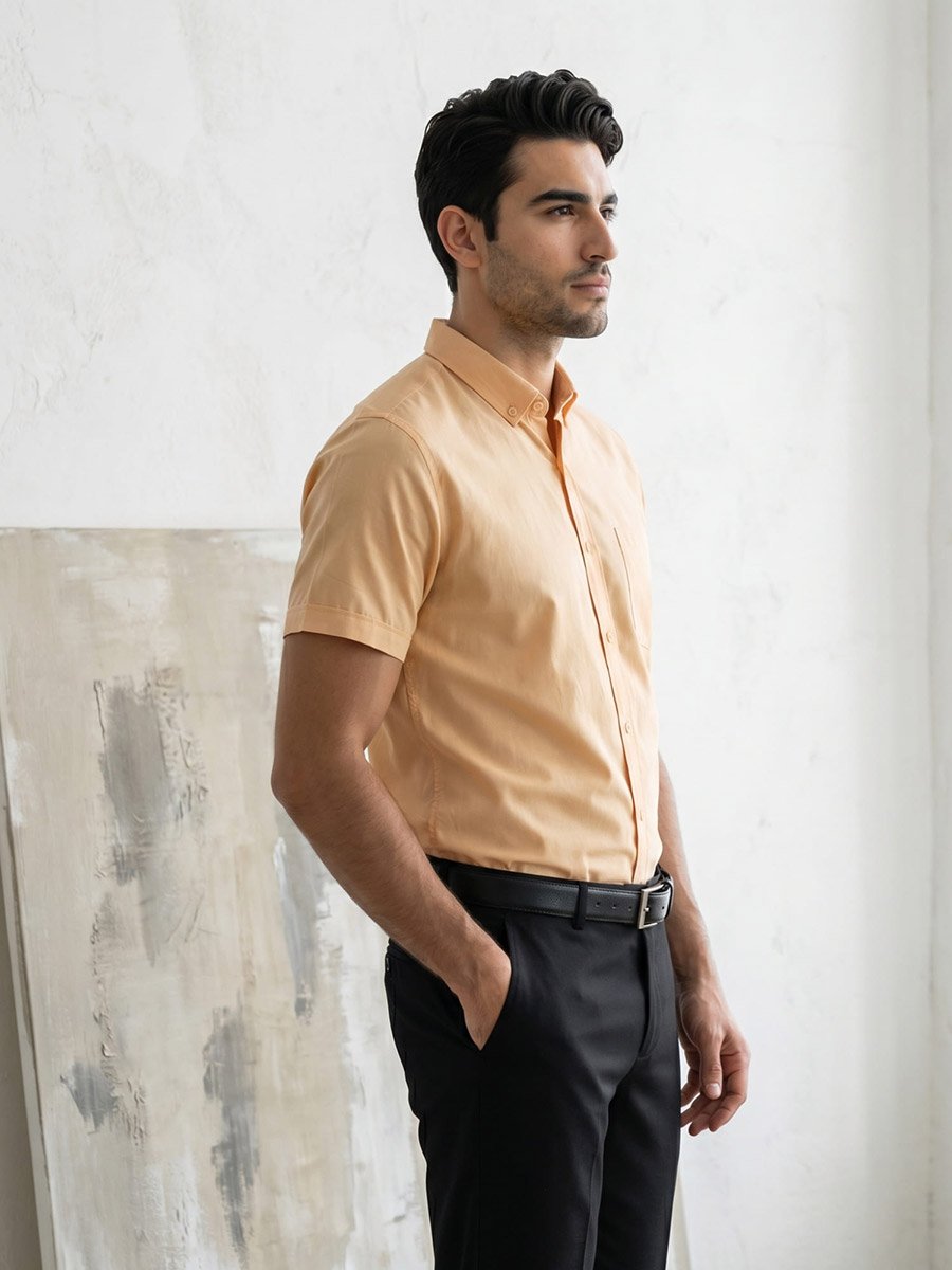 Men Yellow Short Sleeve Oxford Shirt 