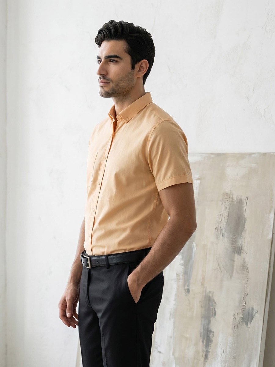 Men Yellow Short Sleeve Oxford Shirt 