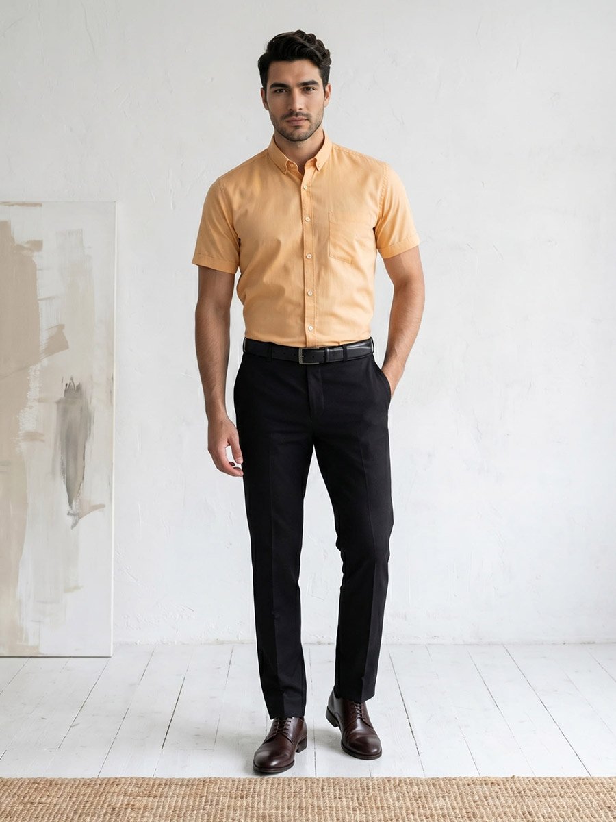 Men Yellow Short Sleeve Oxford Shirt 