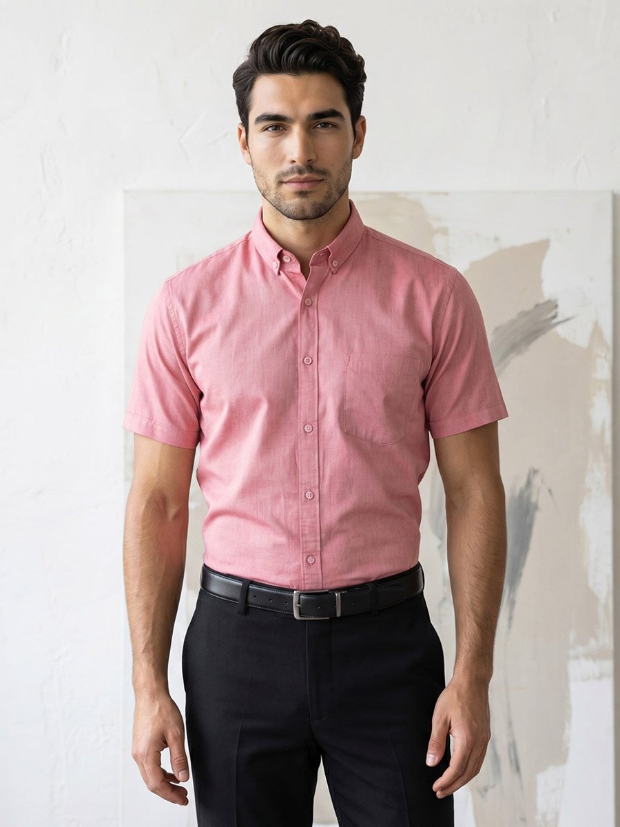 Men Pink Short Sleeve Oxford Shirt 