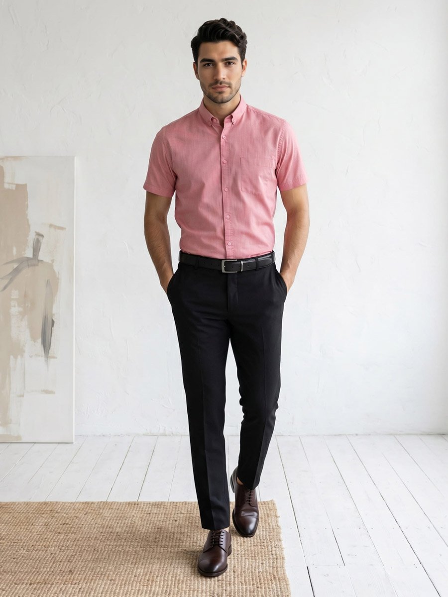 Men Pink Short Sleeve Oxford Shirt 