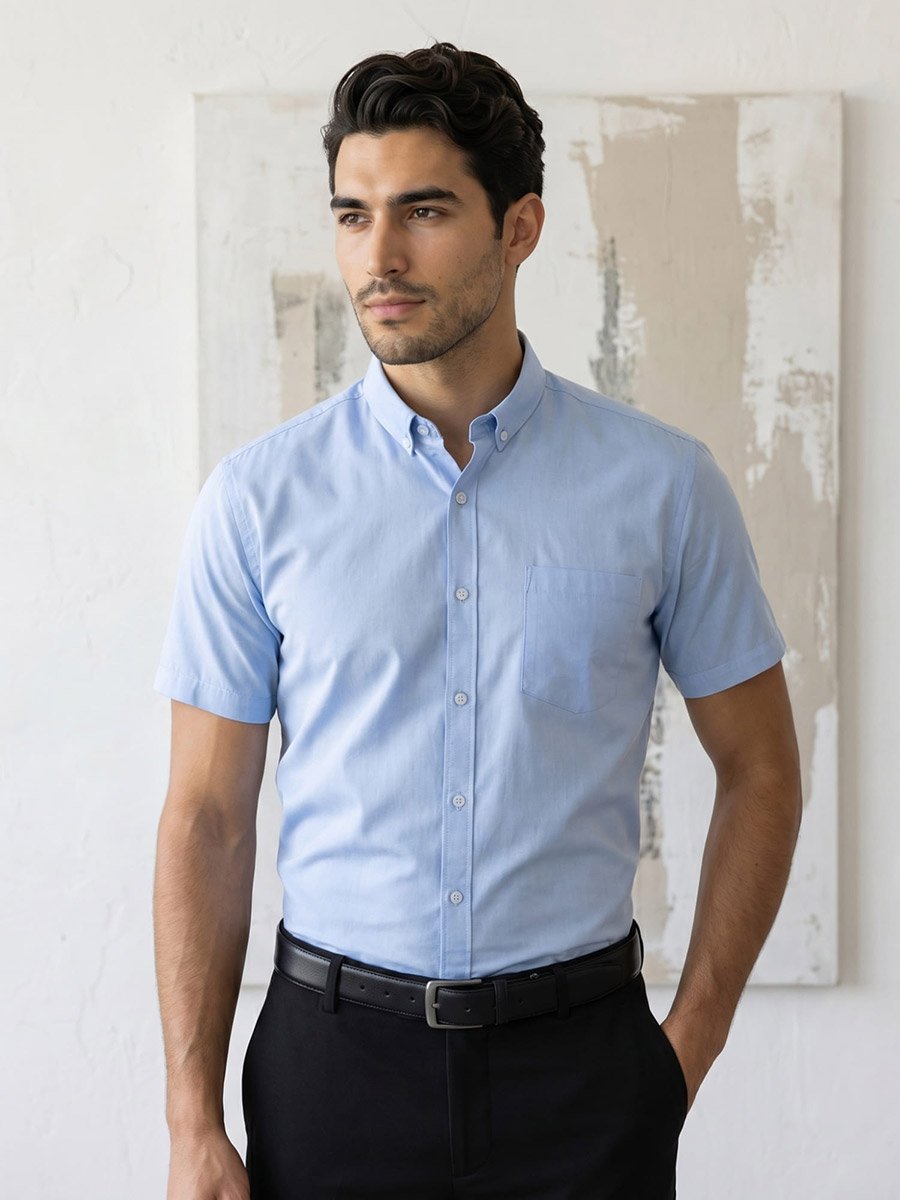 Men Blue Short Sleeve Oxford Shirt 
