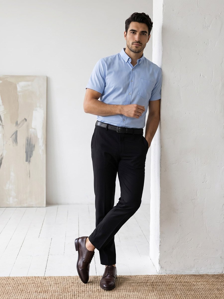Men Blue Short Sleeve Oxford Shirt 