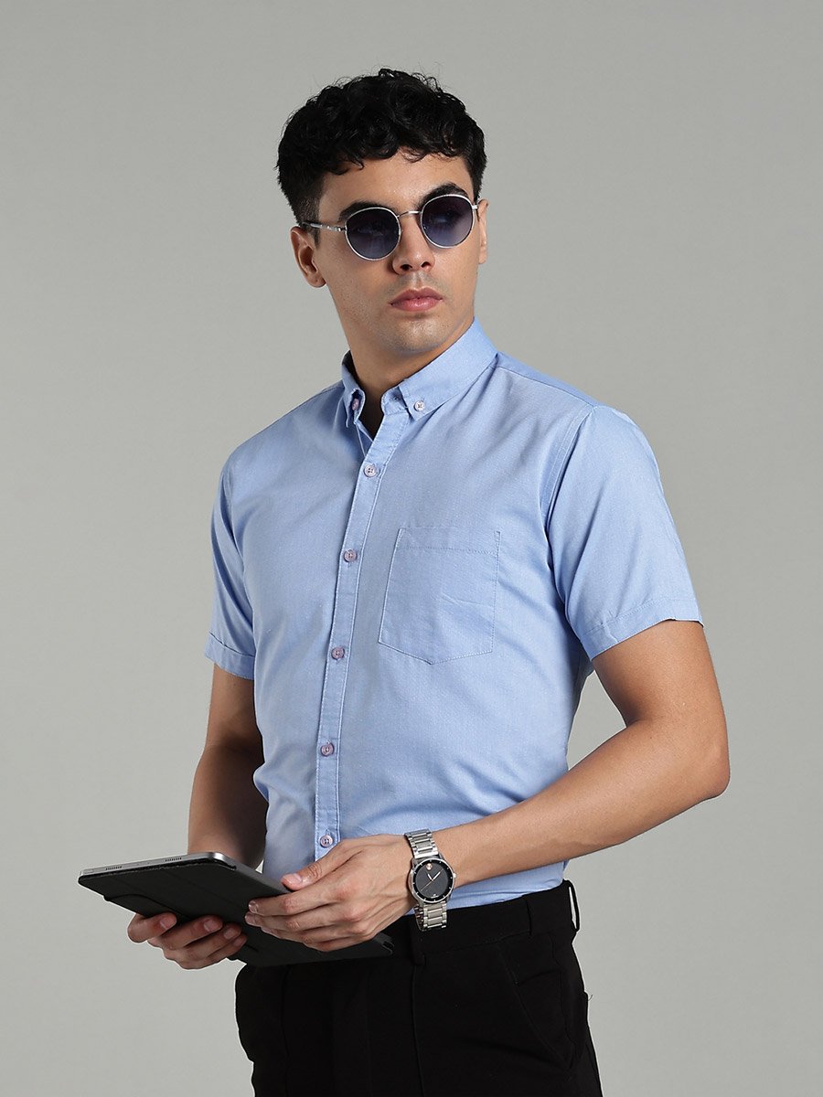 Men Blue Short Sleeve Oxford Shirt 