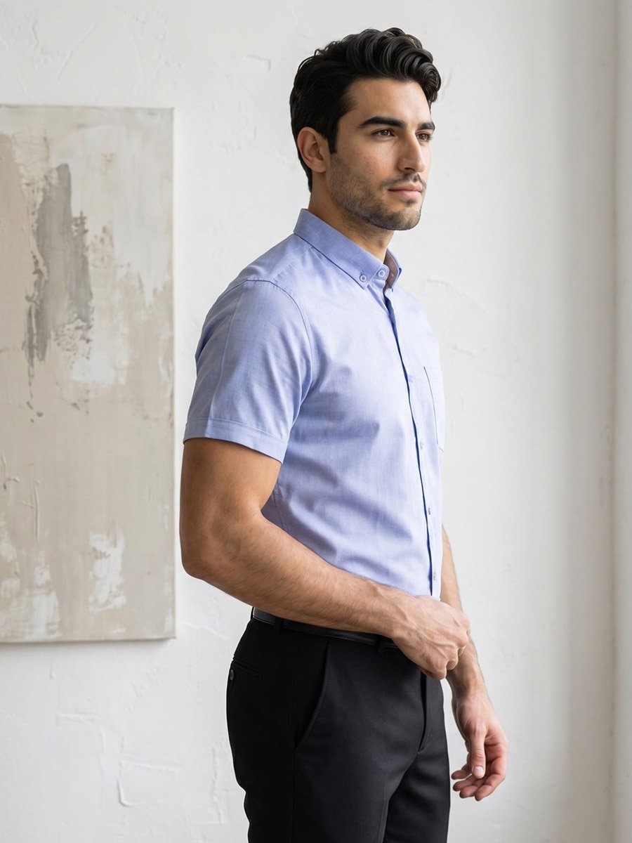 Men Blue Short Sleeve Oxford Shirt 