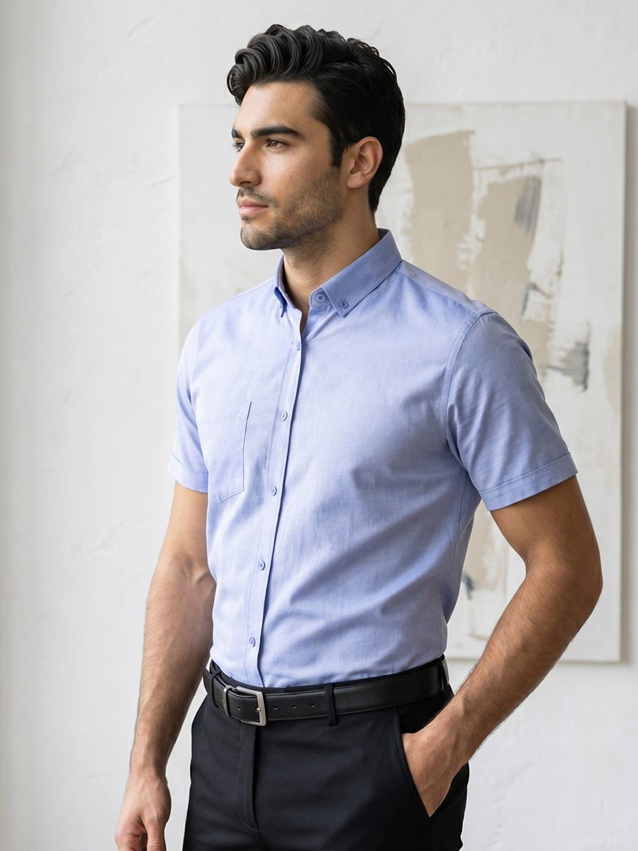 Men Blue Short Sleeve Oxford Shirt 