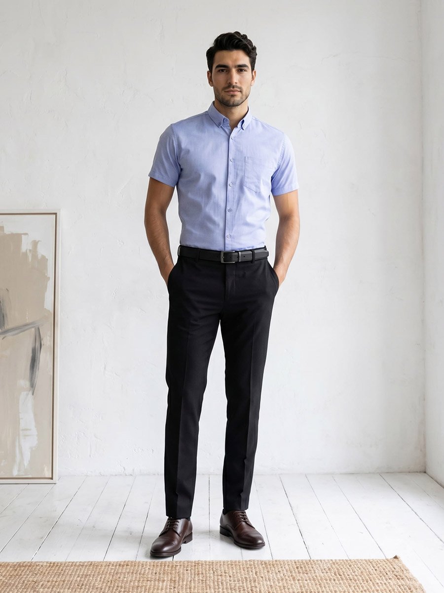 Men Blue Short Sleeve Oxford Shirt 