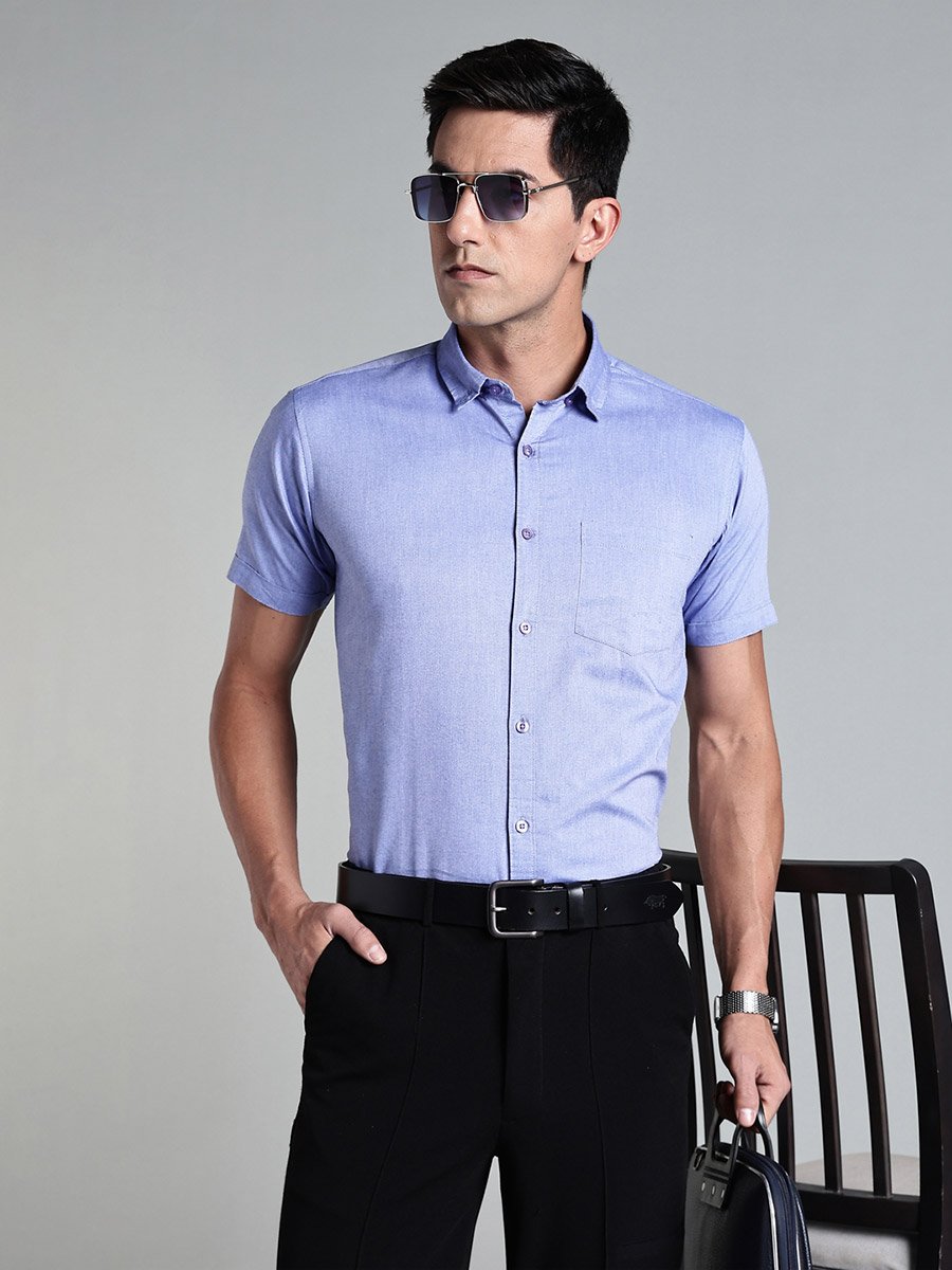 Men Blue Short Sleeve Oxford Shirt 