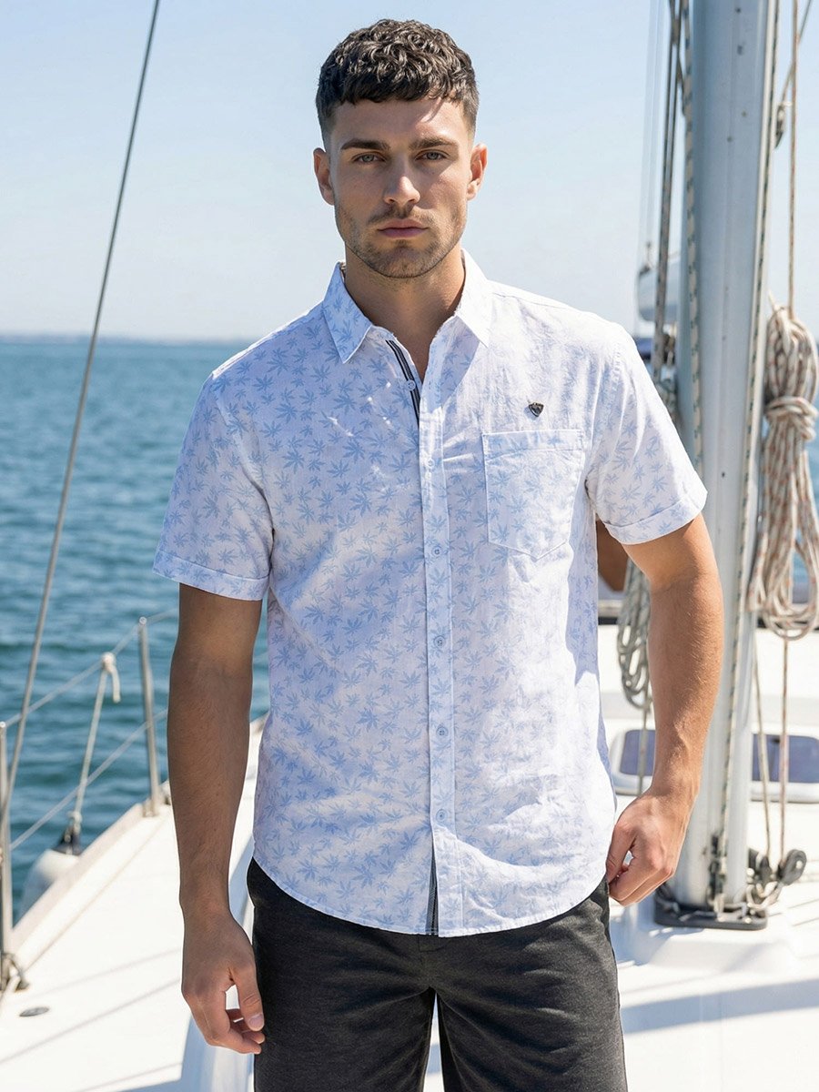 Men White Leaf Print Linen Cotton Shirt