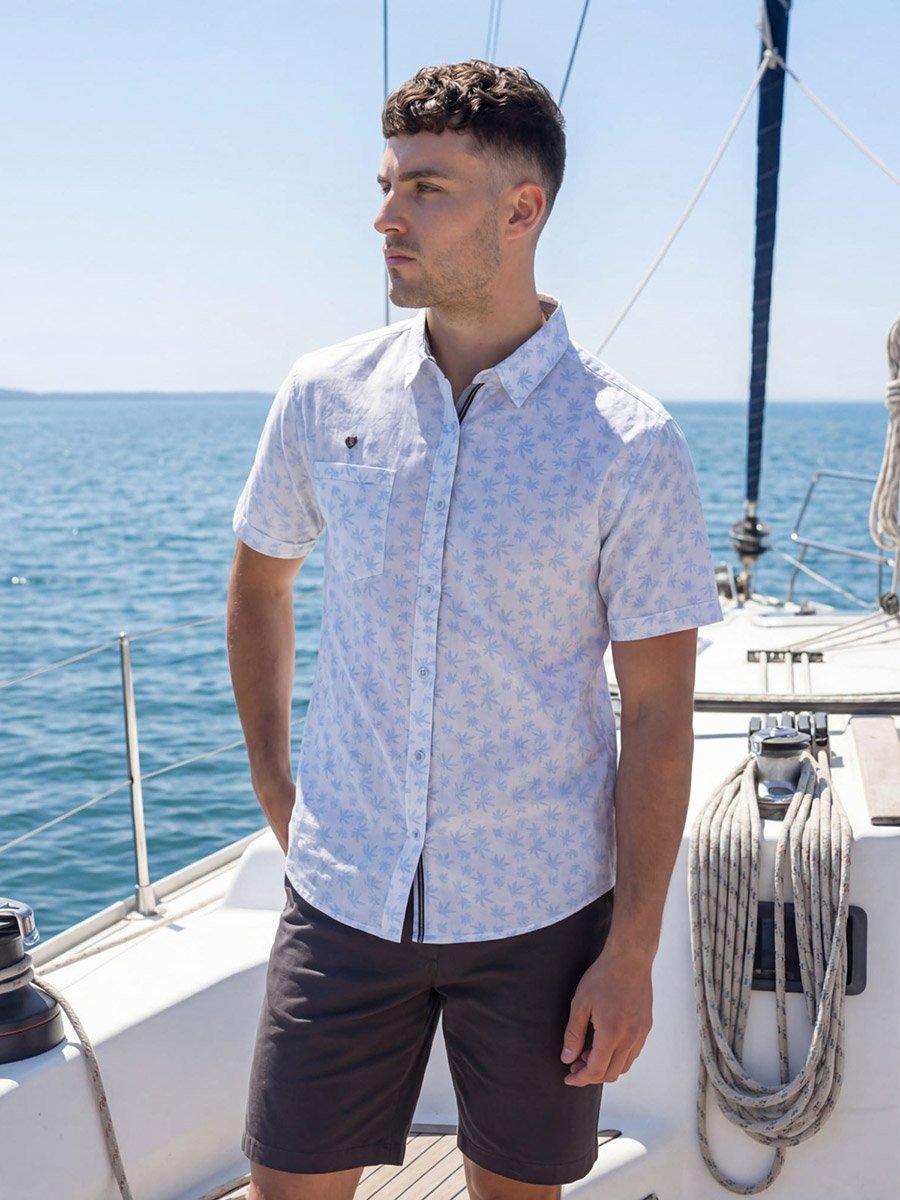 Men White Leaf Print Linen Cotton Shirt