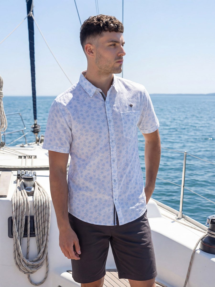 Men White Leaf Print Linen Cotton Shirt