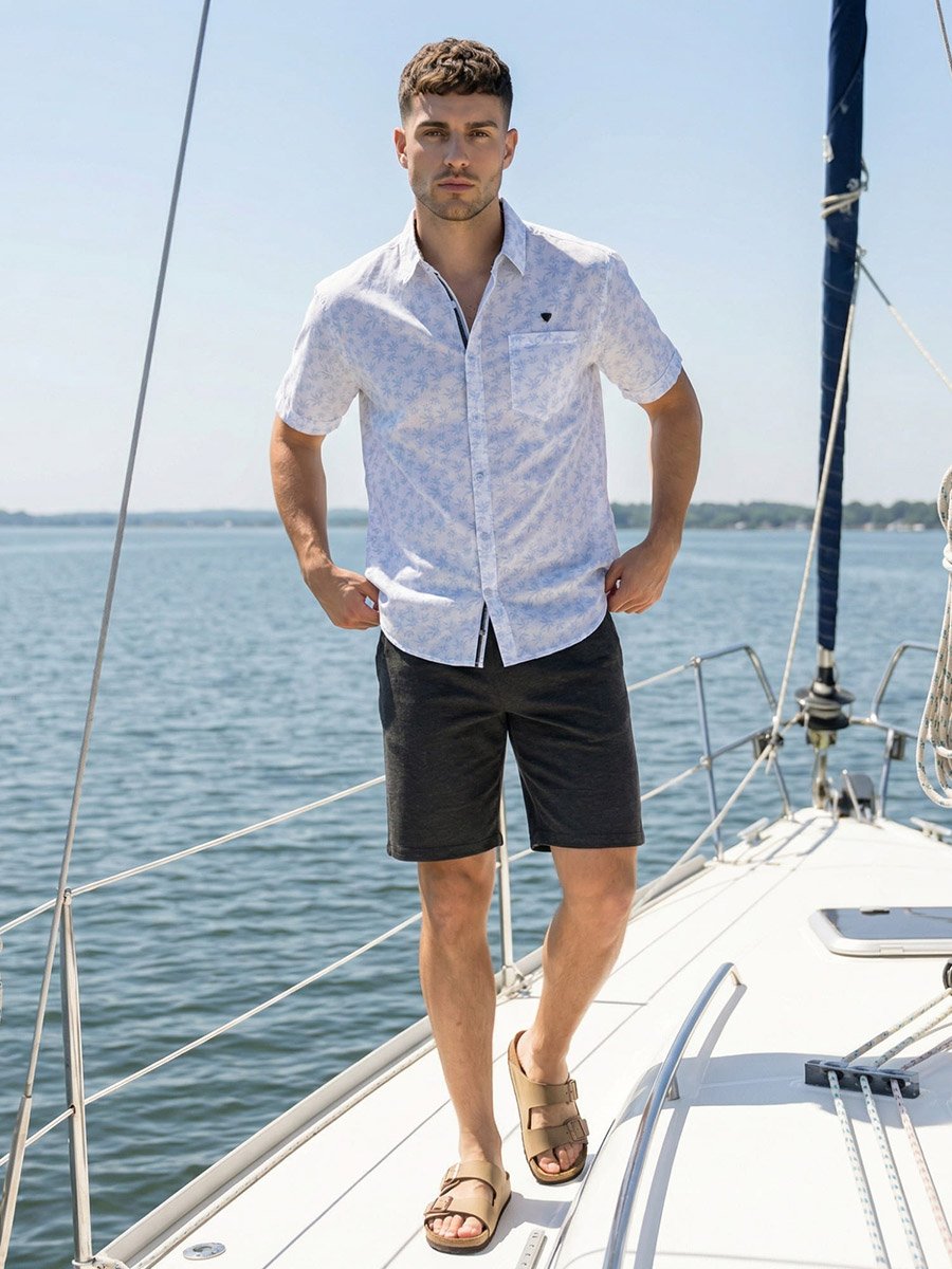 Men White Leaf Print Linen Cotton Shirt