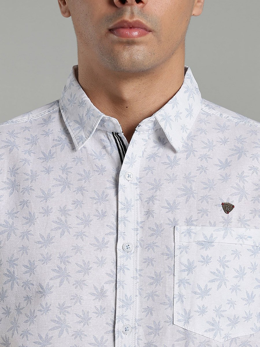 Men White Leaf Print Linen Cotton Shirt